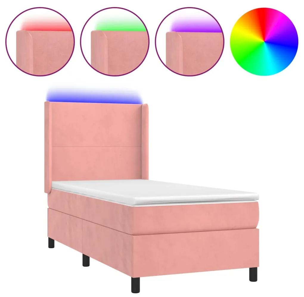 Pat cu arcuri, saltea si LED, roz, 90x190 cm, catifea Roz, 90 x 190 cm, Design simplu