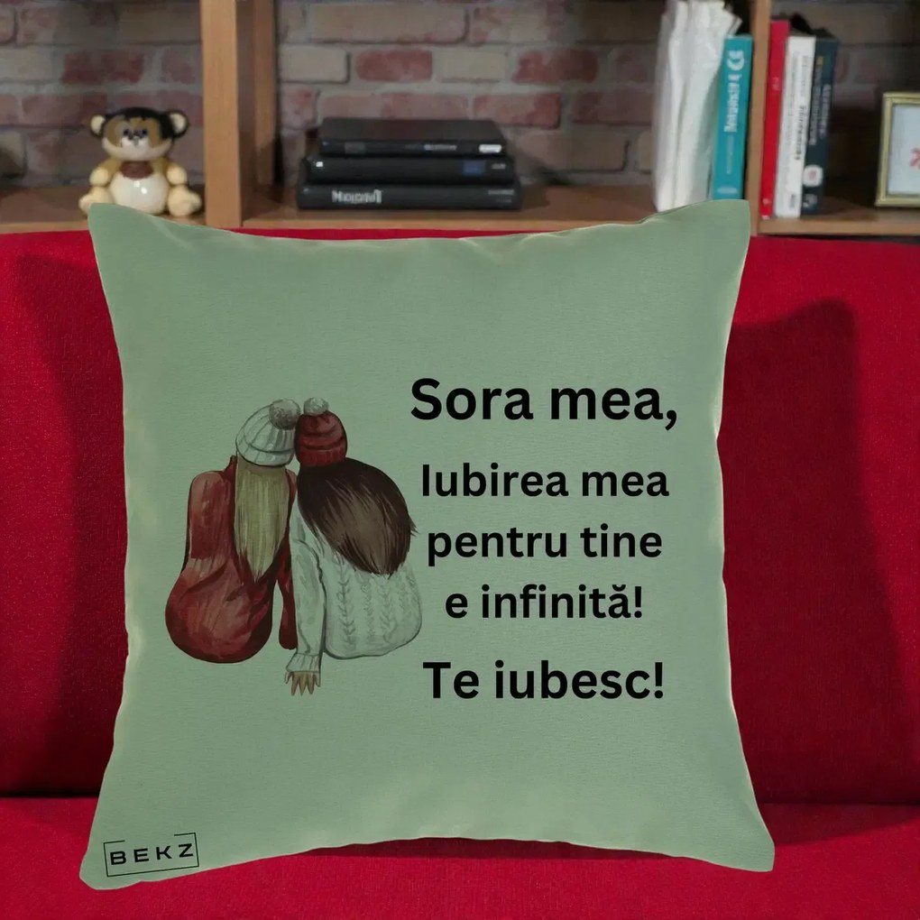 Cadou pentru Sora - Perna Personalizata Sora Mea Te Iubesc Doua Fete Iarna Acuarela, 40x40 cm, Verde, Husa Detasabila, Perna Inclusa, BEKZ®