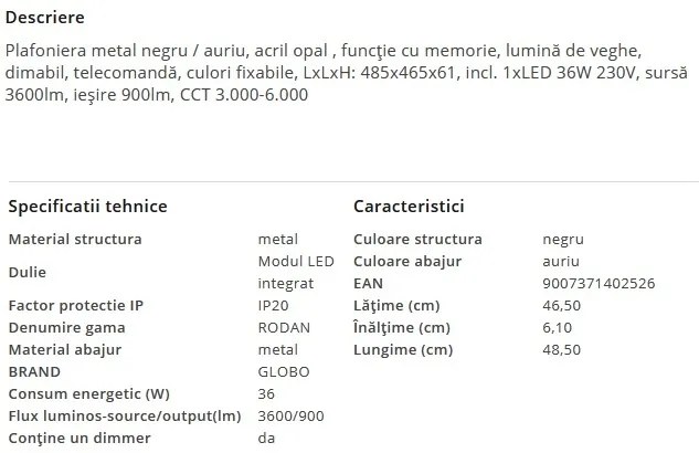 Plafoniera LED moderna cu telecomanda RODAN 36W