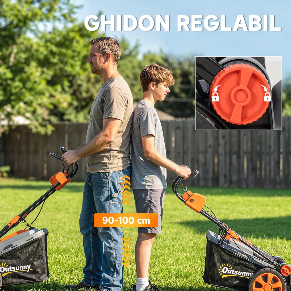 Outsunny Mașină de Tuns Iarba Electrică 1800W cu Lățime de Tăiere de 40cm, Funcție Mulching și Sac de 50L, Mâner Reglabil și Detașabil, 6 Niveluri de Tăiere, Gri Deschis | Aosom Romania
