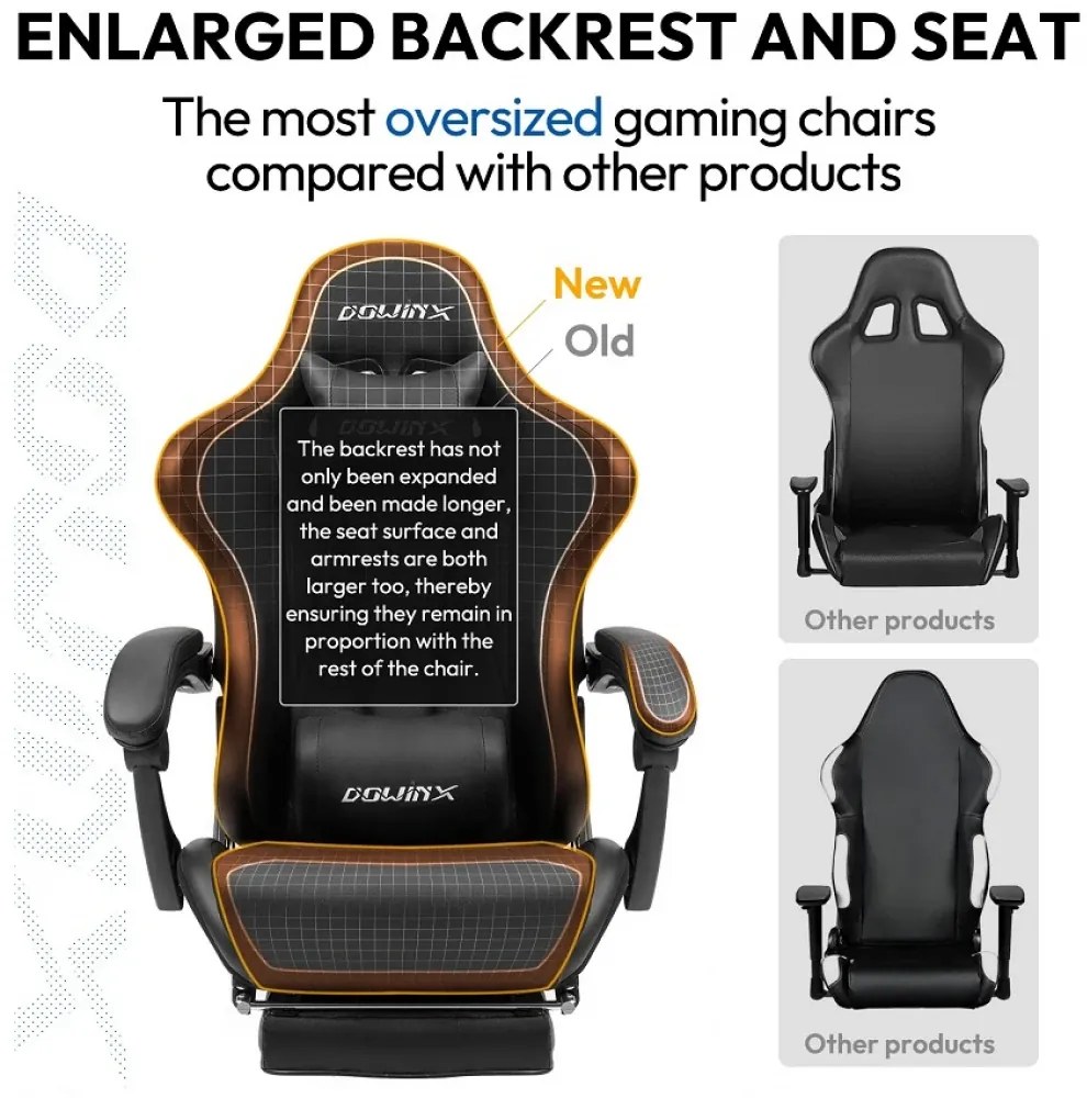 DOWINX Scaun gaming, ergonomic, suport lombar cu masaj, spătar rabatabil, tetieră, suport pentru picioare, rezistent 150 kg, piele PU, Negru/Albastru