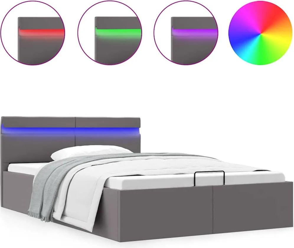 vidaXL Cadru pat hidraulic cu ladă LED gri 120x200 cm piele ecologică