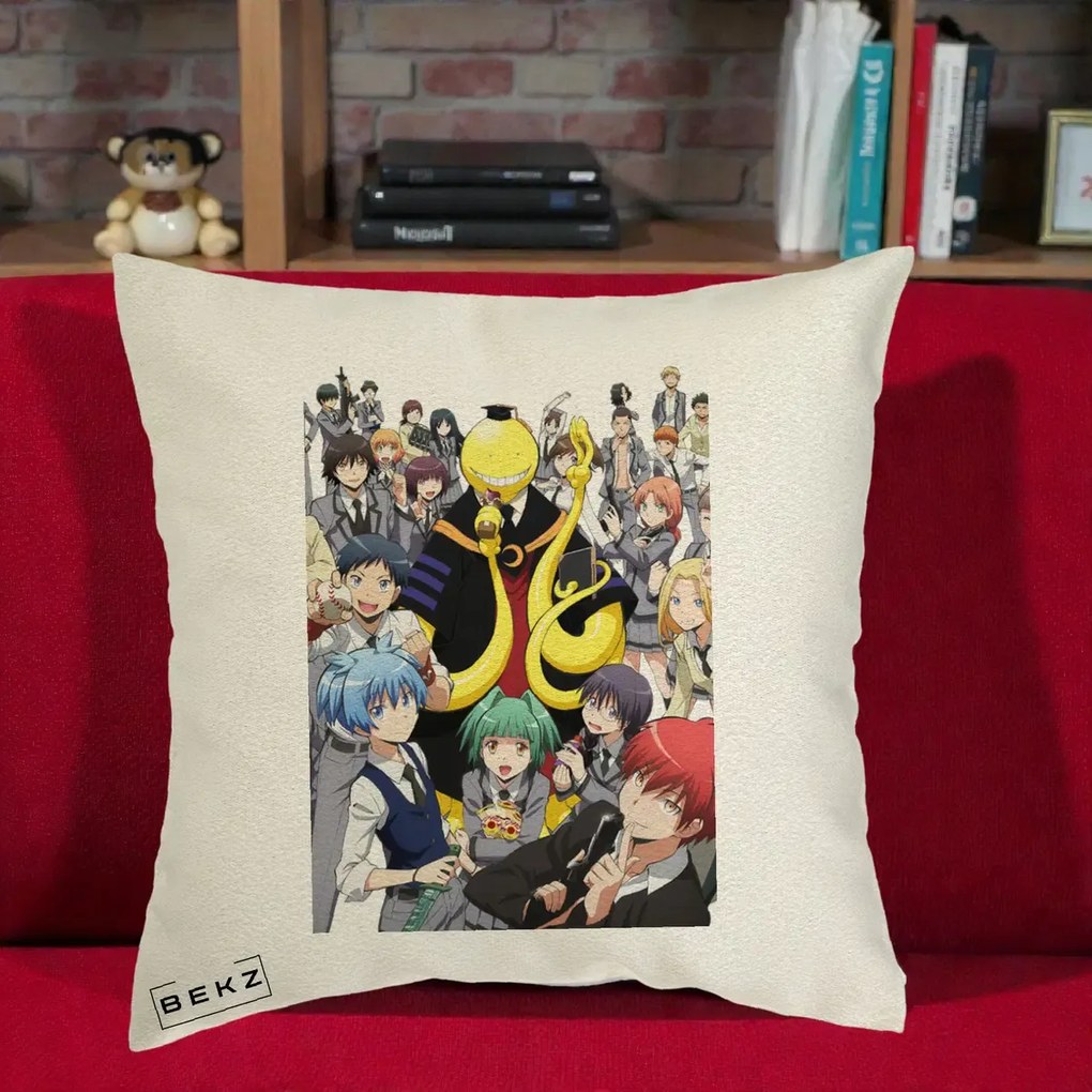 Perna Personalizata Assassination Classroom Grup Complet Anime, 40x40 cm, Ecru, Husa Detasabila, Perna Inclusa, BEKZ®