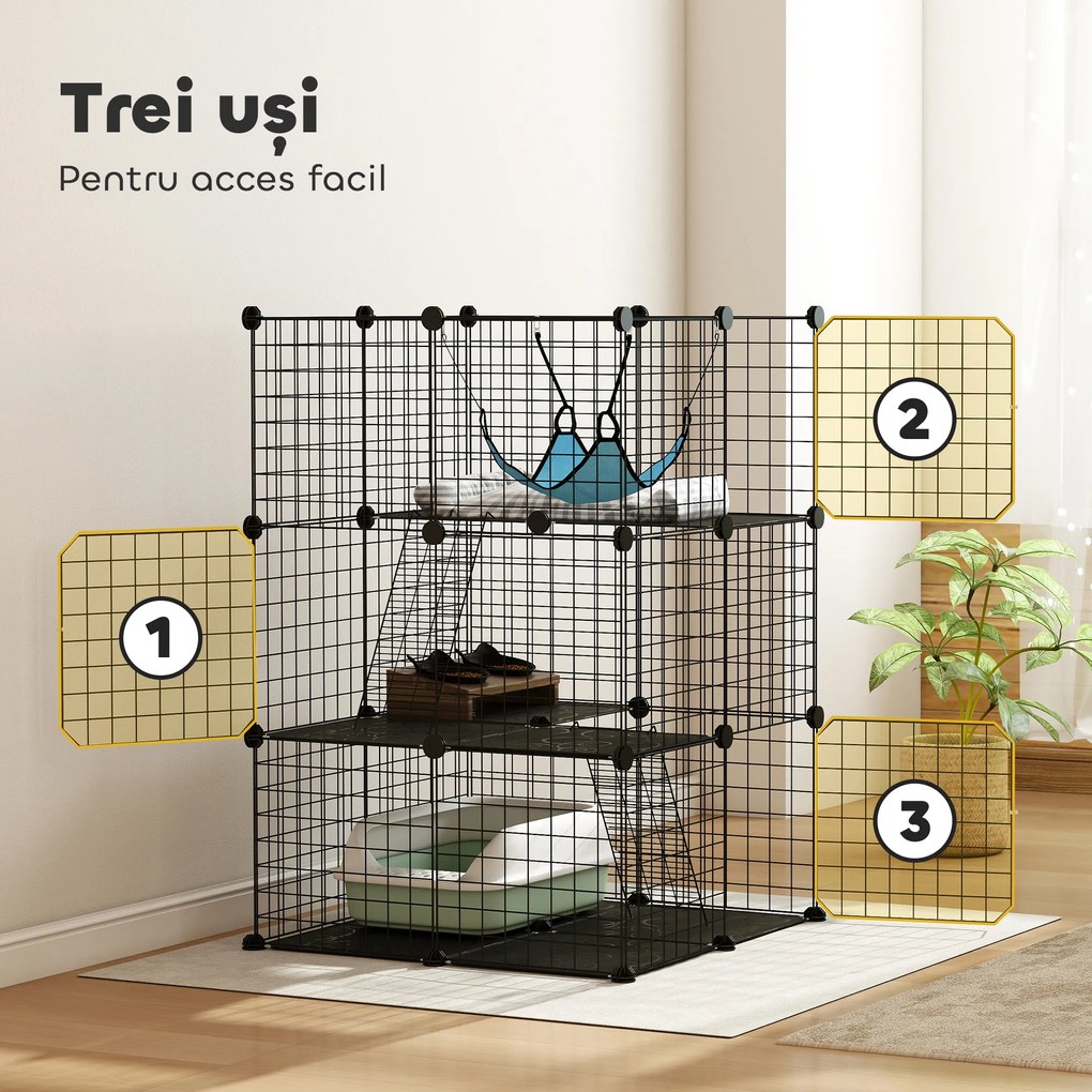 PawHut Cușcă pentru Pisici 105 cm de Interior, Recinto din Oțel cu 3 Uși, Design Personalizabil DIY pentru Pisoi, Spațiu pe 3 Niveluri cu Scări, Hamac și Platformă, Negru | Aosom Romania
