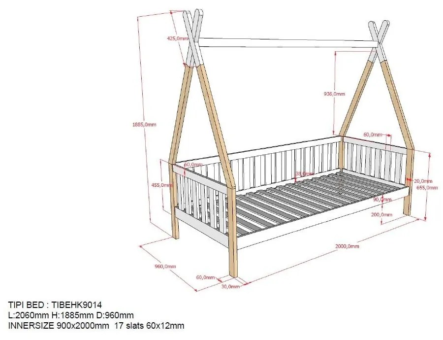 Pat pentru copii cu barieră Vipack Tipi, 90 x 200 cm, alb