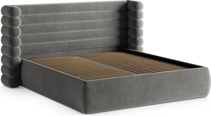 Pat matrimonial gri tapițat cu spațiu de depozitare cu somieră 200x200 cm Mount – Micadoni