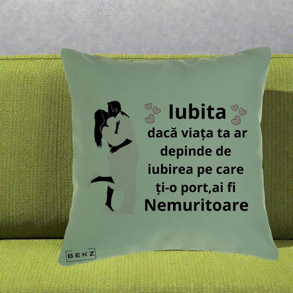 Cadou pentru Iubita - Perna Personalizata Iubita Nemuritoare cu Siluete de Cuplu, 40x40 cm, Verde, Husa Detasabila, Perna Inclusa, BEKZ®