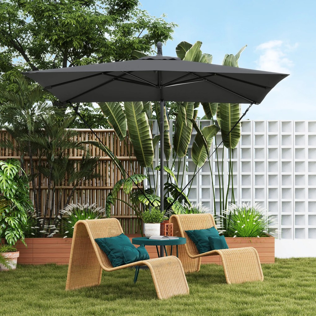 Outsunny Umbrelă de Grădină Suspendată 2.47x2.47 m, Umbrelă de Exterior cu Bază în Cruce, Corzi Antivânt, Gri Închis | Aosom Romania