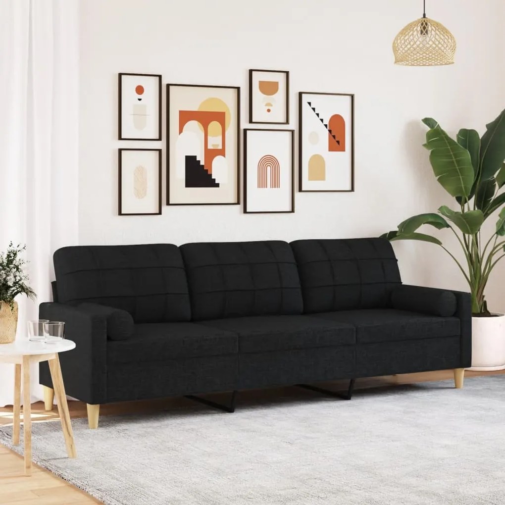 vidaXL Canapea cu 3 locuri cu pernuțe, negru, 210 cm, textil