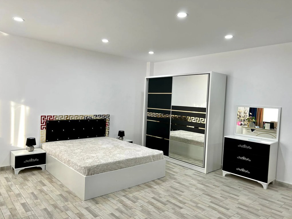 Dormitor Palermo, culoare alb / negru, cu pat tapitat 160 x 200 cm, dulap cu 2 usi, comoda cu oglinda, 2 noptiere