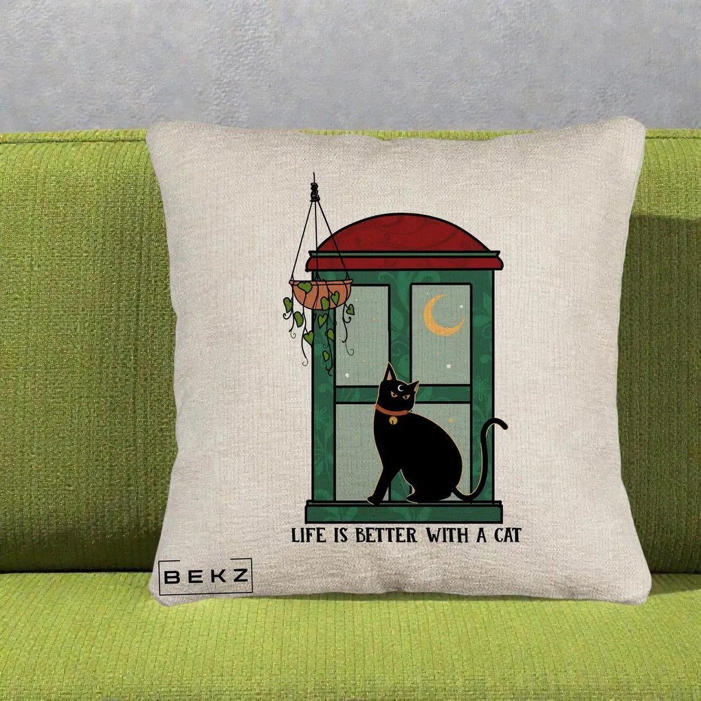 Perna Personalizata Life is Better with a Cat Geam, 40x40 cm, Bej Canapea, Husa Detasabila, Perna Inclusa, BEKZ®