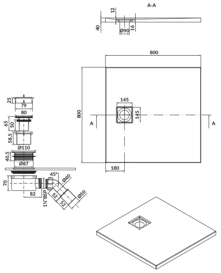 Cadita dus patrata gri mat 80x80 cm Cersanit Tako Slim cu sifon inclus 800x800 mm