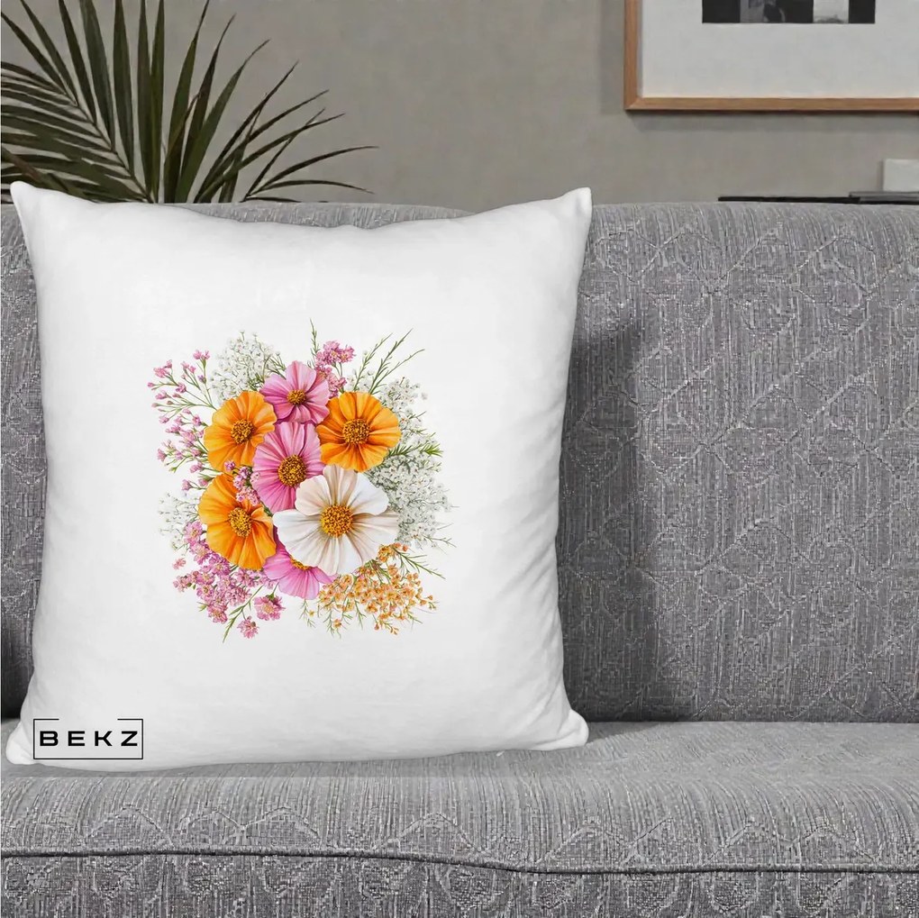 Perna Decorativa Buchet Cosmos Portocaliu Roz si Alb, 40x40 cm, Alb Pufos, Husa Detasabila, Perna Inclusa, BEKZ®