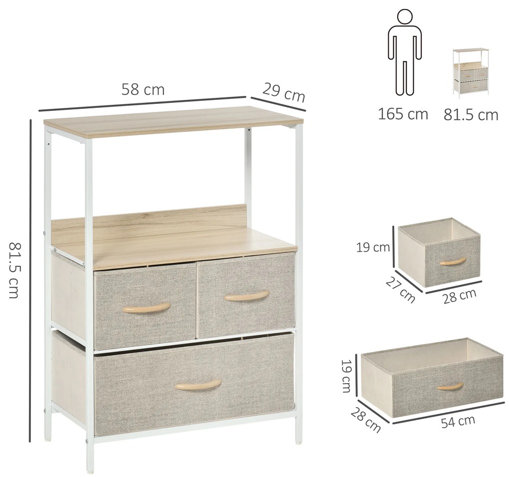 HOMCOM Comodă mobilier de depozitare cu 3 sertare material textil, raft și blat superior, 58L x 29l x 81,5H cm | Aosom Romania