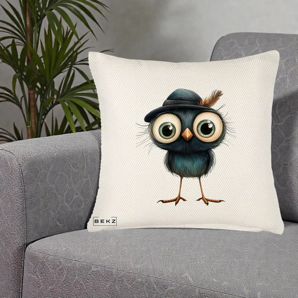 Perna Decorativa Pui Misterios cu Palarie Neagra, 40x40 cm, Crem Reliefat, Husa Detasabila, Perna Inclusa, BEKZ®