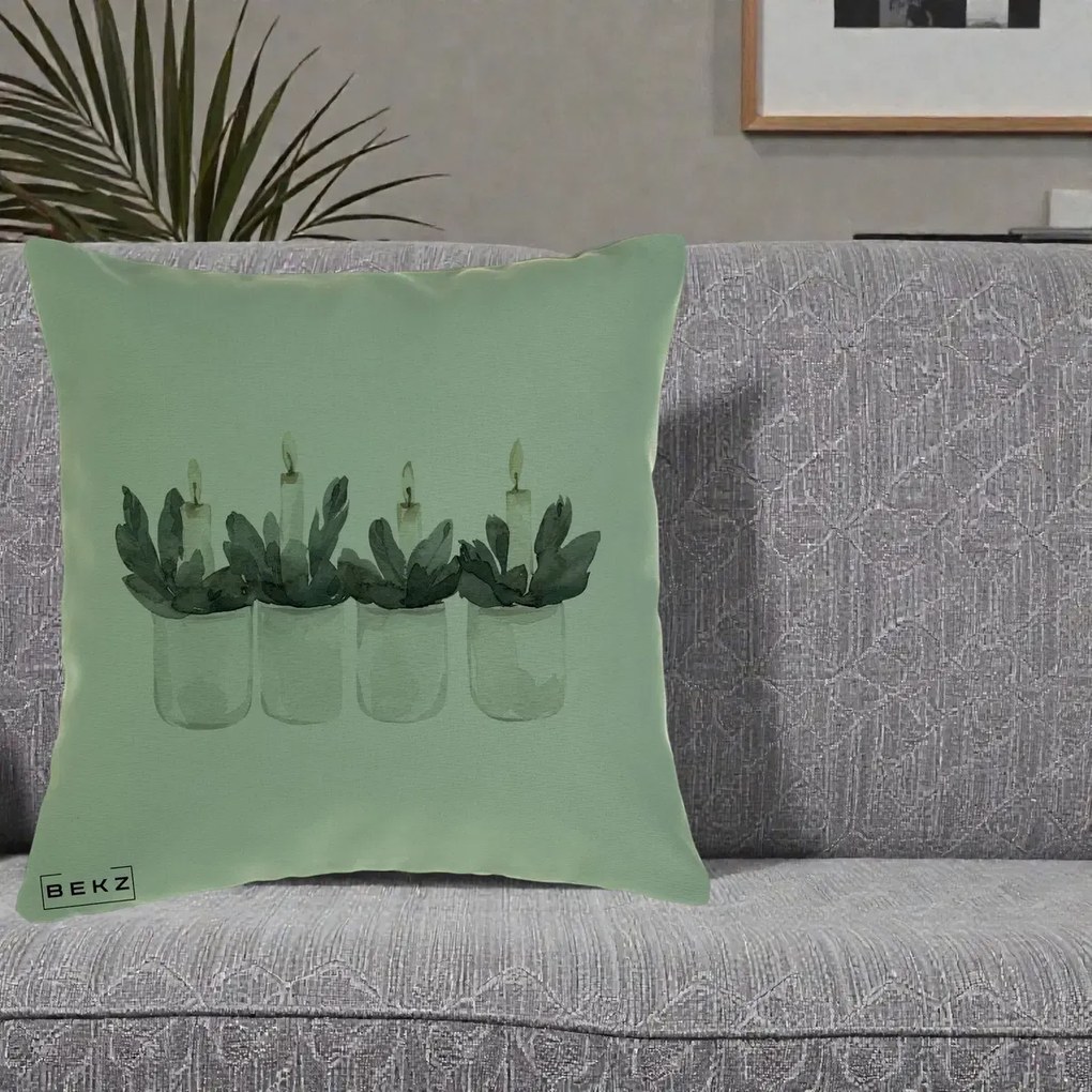 Perna Decorativa Lumanari in Borcane cu Eucalipt, 40x40 cm, Verde, Husa Detasabila, Perna Inclusa, BEKZ®