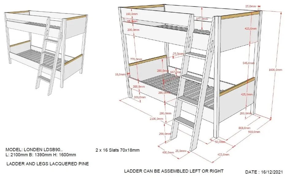 Pat supraetajat pentru copii Vipack London, 90 x 200 cm, gri închis