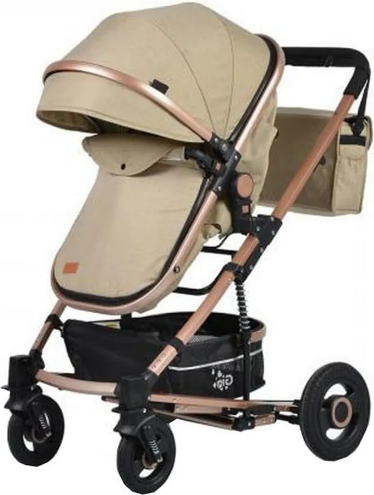 Carucior nou nascuti 2 in 1 NOVOKIDS™ GIGI PRO , Cu geanta bebe inclusa, Roti din cauciuc plin AVE, Cadru aluminiu Gold, Maner reversibil, Spatar