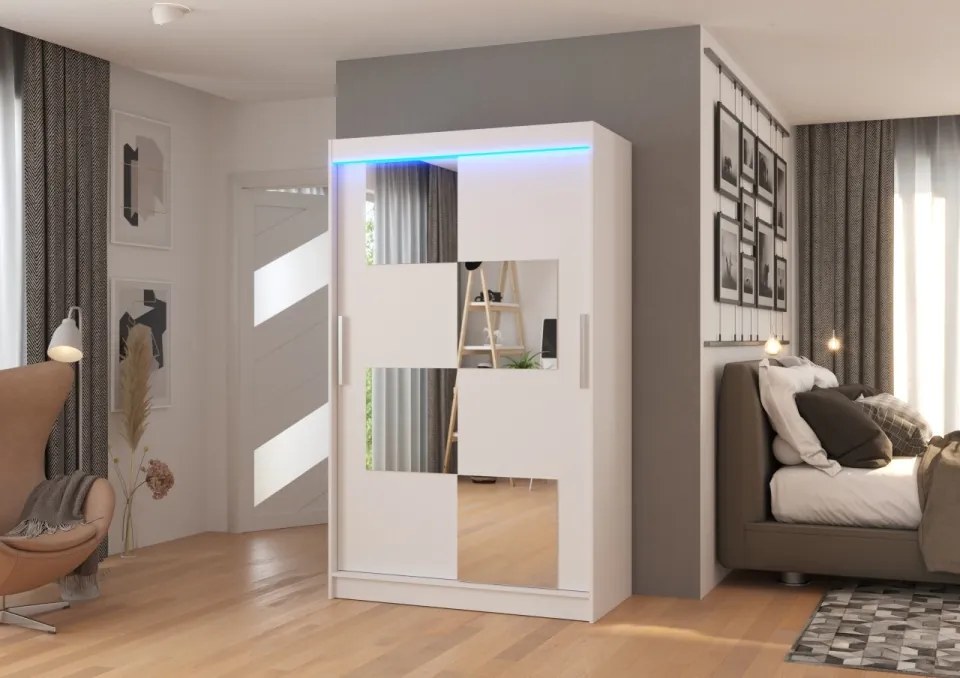 Dulap cu usi glisante si oglinda + iluminare LED, Lugano 120 + LED, 120 cmx200 cmx58 cm, ADRK Furniture (Culoare: Ciocolata)