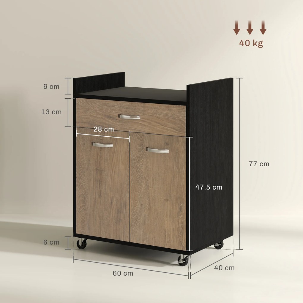 HOMCOM Cărucior de Bucătărie cu Sertar și Dulăpior, Insulă de Bucătărie cu 4 Roți și Raft Reglabil, 60x40x77 cm, Negru | Aosom Romania