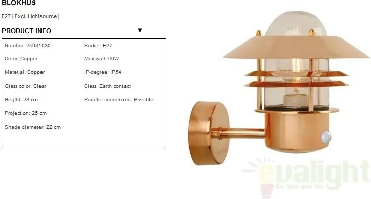 Aplica de perete exterior cu senzor IP54, Blokhus cupru 25031030NL