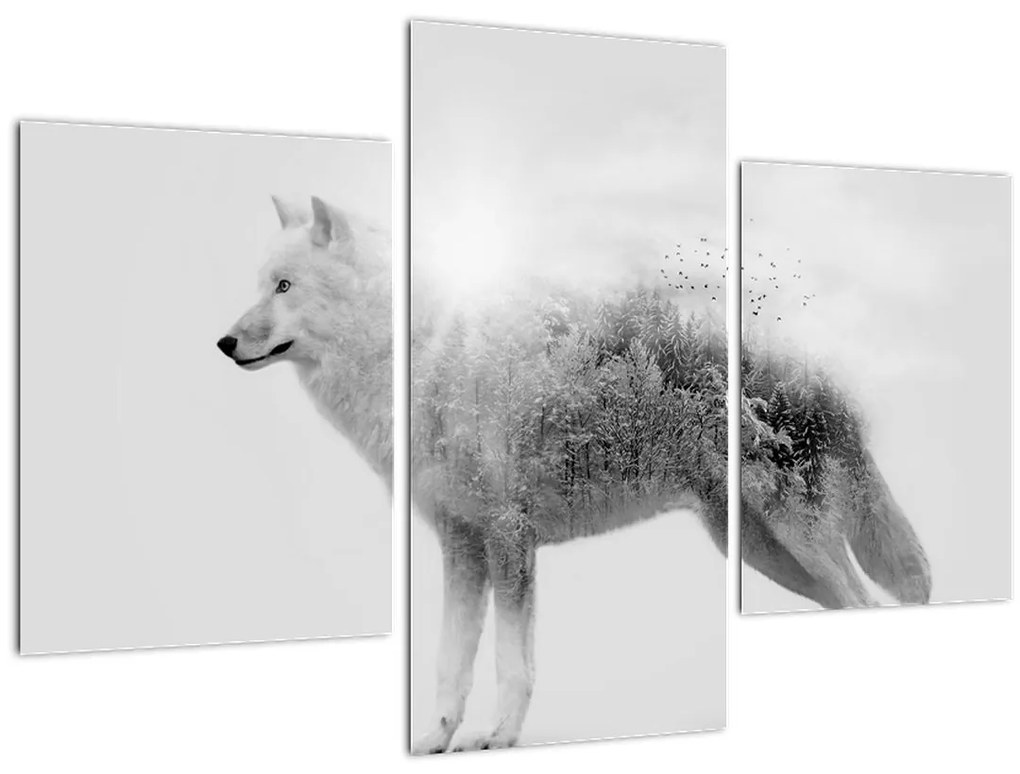 Tablou - Lupul arctic oglindit în peisajul sălbatic, alb-negru (90x60 cm)