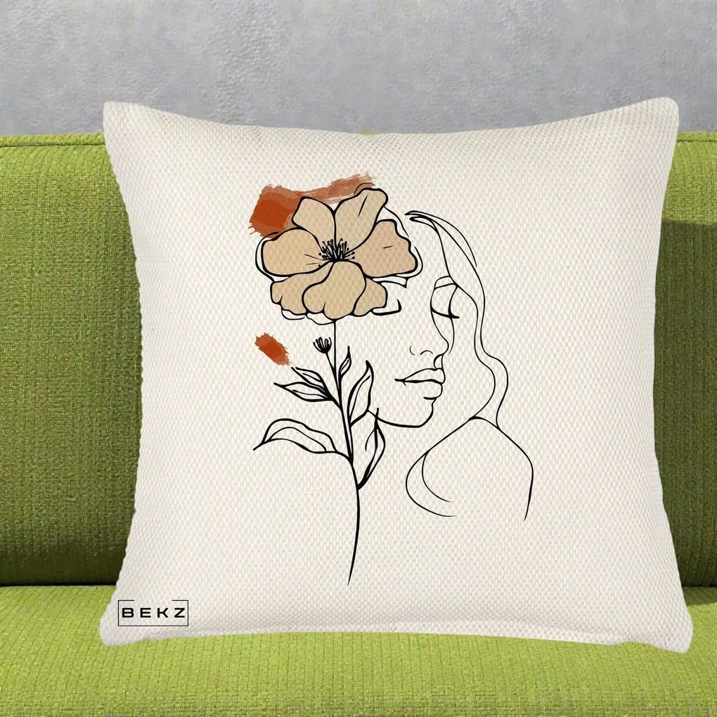 Perna Decorativa Portret Feminin Floare Bej Terracotta, 40x40 cm, Crem Reliefat, Husa Detasabila, Perna Inclusa, BEKZ®