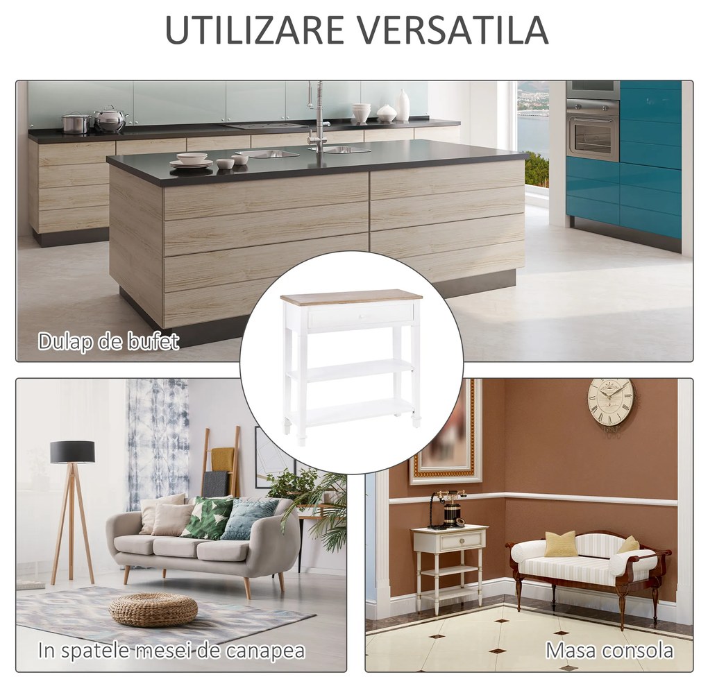 HOMCOM Masa multifunctionala pentru hol, cu sertar, lemn pin, 75.6x27.5x80.5cm, alb | Aosom Romania
