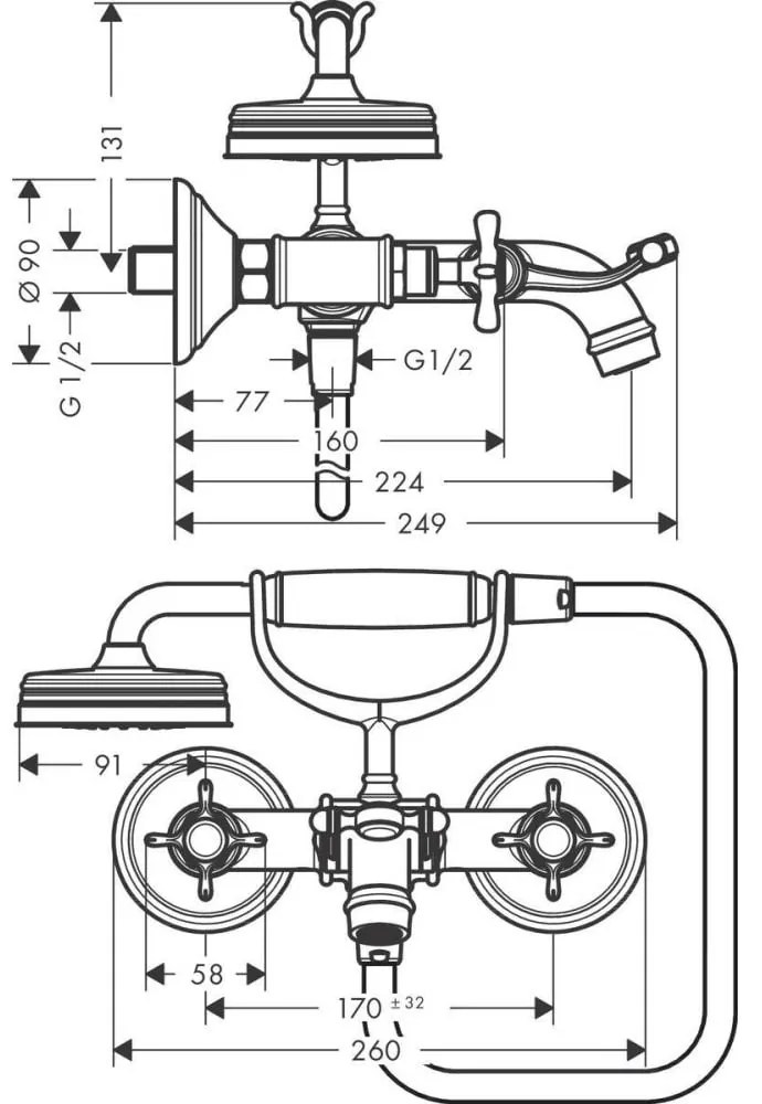 Baterie cada crom lucios cu para si furtun dus, dubla comanda, Hansgrohe Axor Montreux Crom lucios