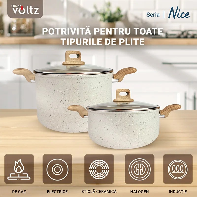 Oala cu capac Voltz Nice OV54418E20, 20x9.5 cm, 2.9 l, Finisaj marmură, Inductie, Cream melange