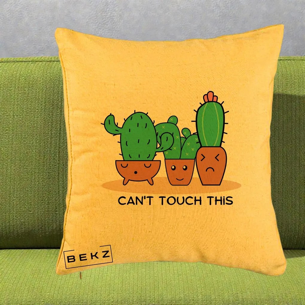 Perna Decorativa Cactus Funny Can't Touch This, 40x40 cm, Galben, Husa Detasabila, Perna Inclusa, BEKZ®