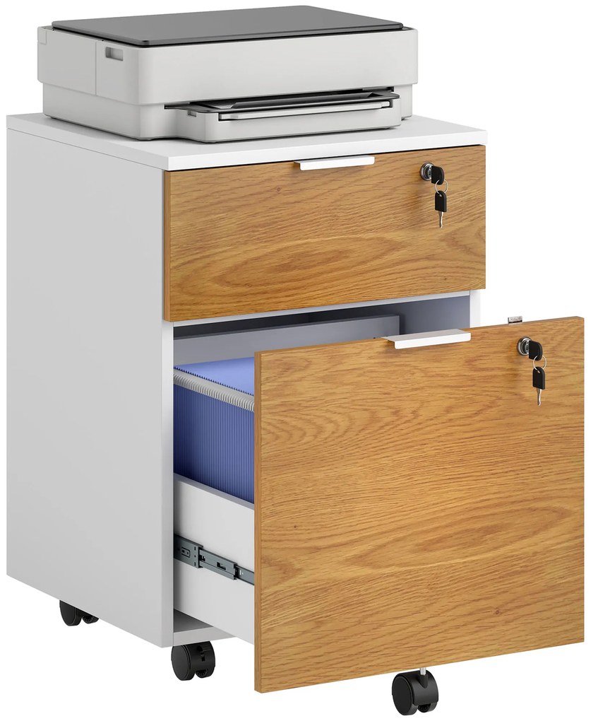 HOMCOM Cufăr de birou, mobilier de depozitare 2 sertare 2 bare pentru fișiere suspendate, cu cheie 2 chei 42x40x60 cm | Aosom Romania