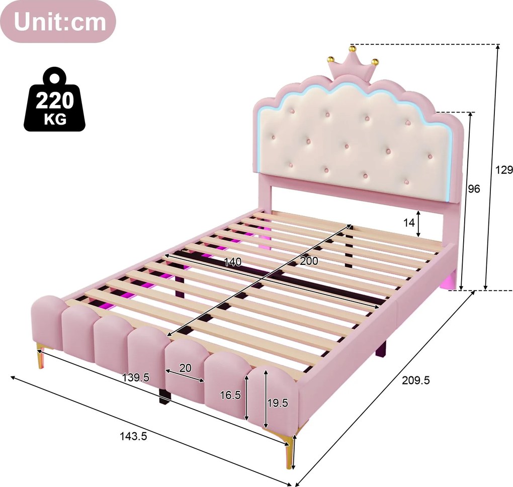 Pat tapițat 140x200 cm cu somieră cu lamele, formă de prințesă moștenitoare, fără saltea, Roz