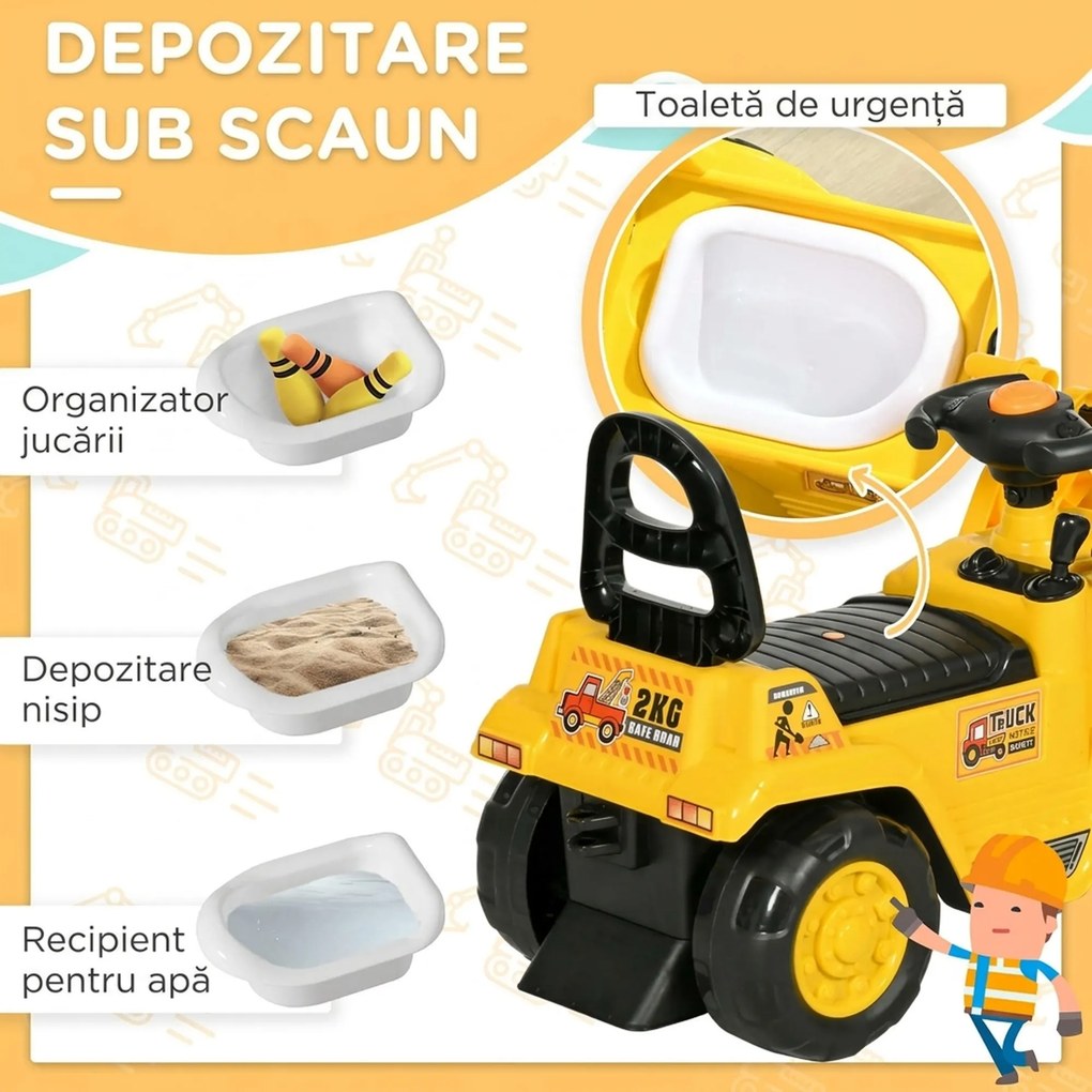 HOMCOM Excavator pentru Copii cu Cupă, Spătar și Spațiu de Depozitare Ascuns, Buldozer de Jucărie în PP și ABS, 80x26.5x39 cm, Galben și Negru | Aosom Romania