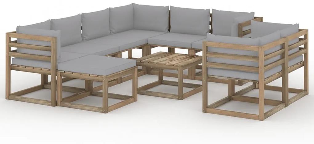 Set mobilier de gradina cu perne gri, 10 piese Gri, 5x colt + 3x mijloc + suport pentru picioare + masa, 1