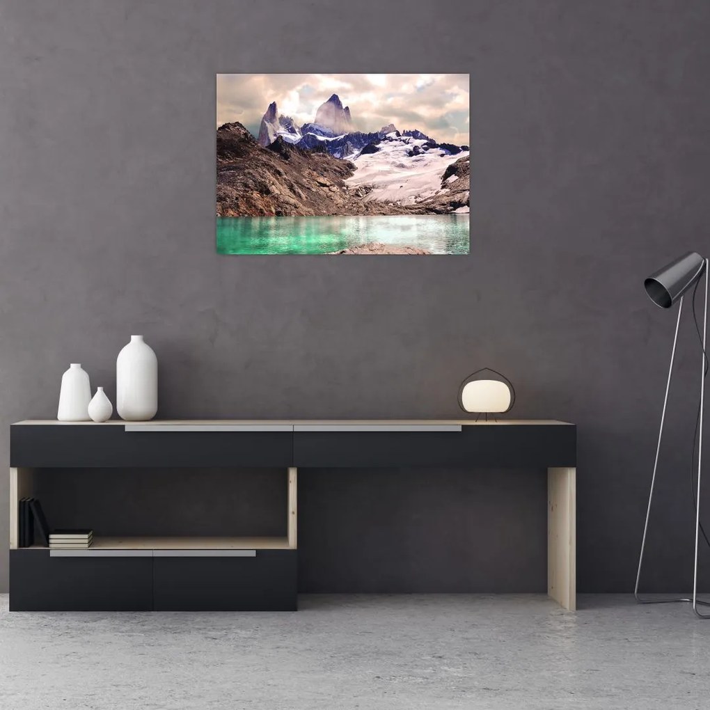 Tablou pe sticlă cu lac montan (70x50 cm)
