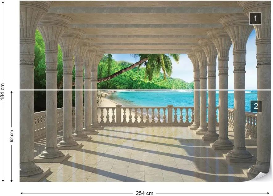 GLIX Fototapet - Tropical Beach 3D View Through Columns Vliesová tapeta  - 254x184 cm