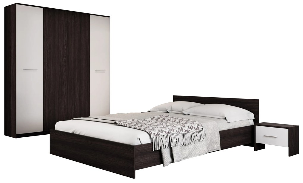 Dormitor Luiza 4U4P, culoare magia (wenge) / alb, cu pat standard 140 x 200 cm, dulap cu 4 usi si 2 noptiere