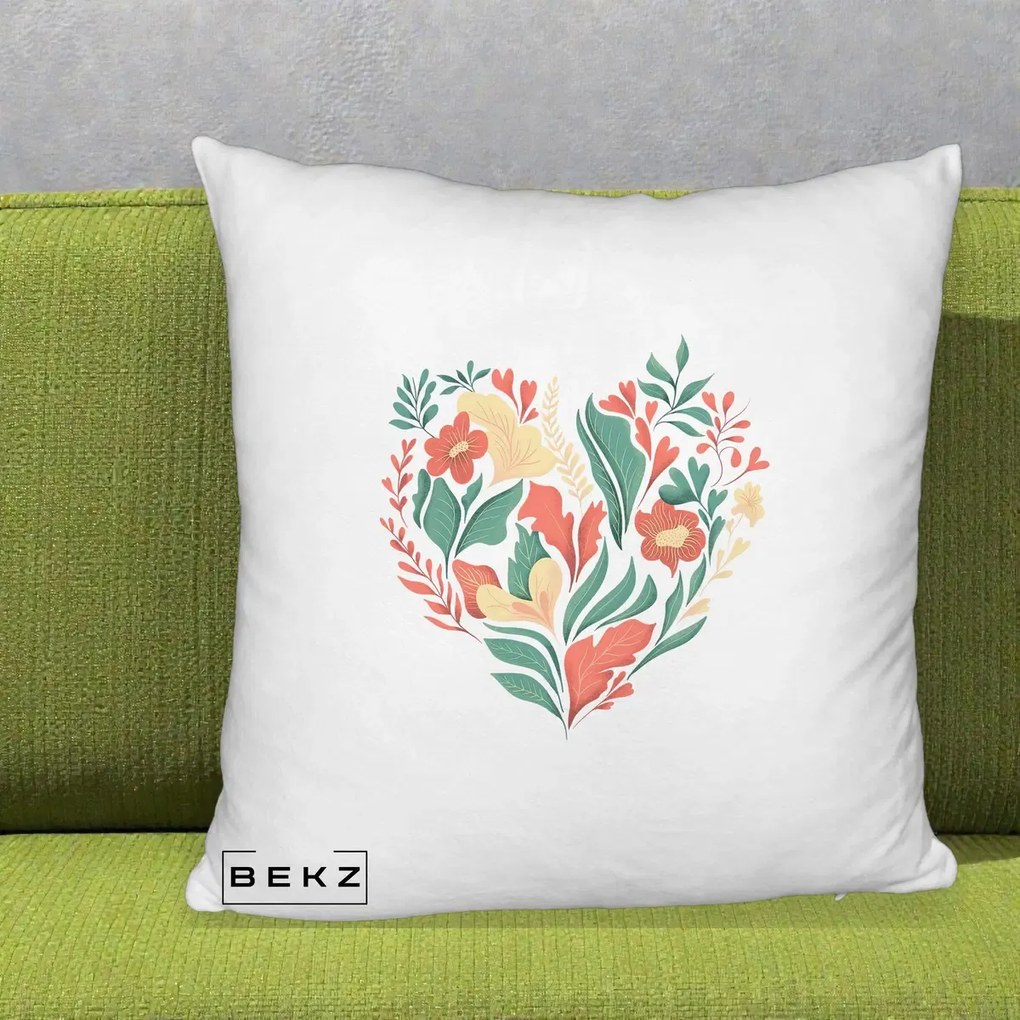 Perna Decorativa Inima Florala Botanica, 40x40 cm, Alb Pufos, Husa Detasabila, Perna Inclusa, BEKZ®
