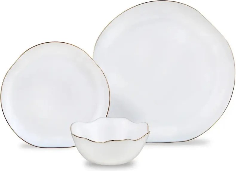 Set de masă Kinghoff KH 2037, 18 piese, pentru 6 persoane, sticlă opală, margine aurie, alb