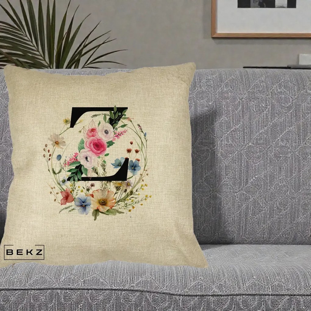 Cadou Personalizat - Perna Personalizata Monograma Florala Litera Z cu Coroana, 40x40 cm, Crem, Husa Detasabila, Perna Inclusa, BEKZ®