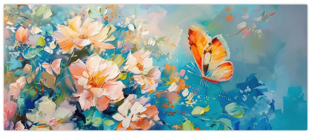 Tablou - Fluture și flori, pictură în ulei II. (120x50 cm)