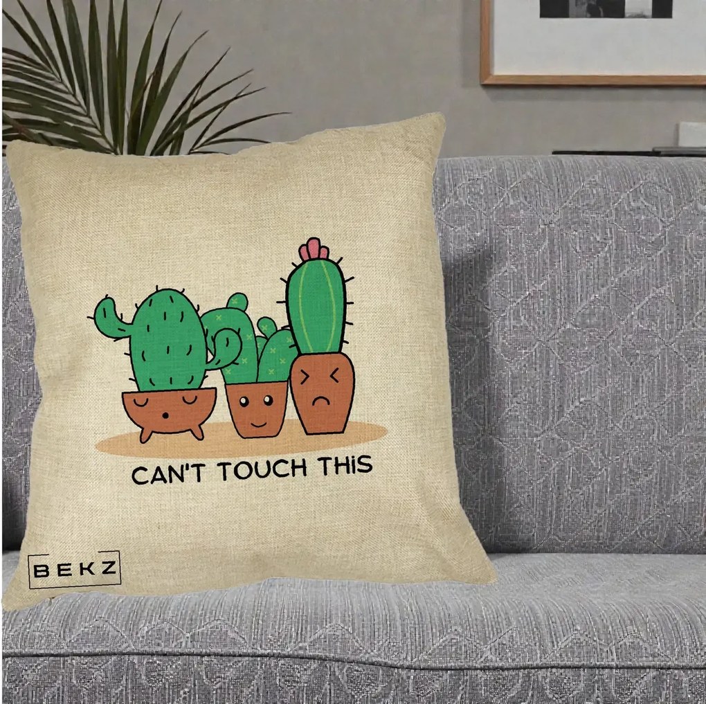 Perna Decorativa Cactus Funny Can't Touch This, 40x40 cm, Crem, Husa Detasabila, Perna Inclusa, BEKZ®