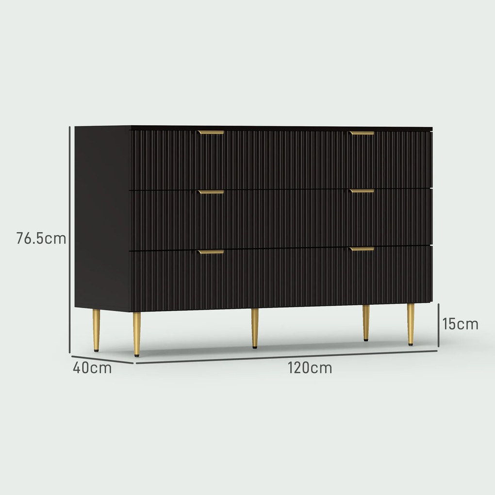 HOMCOM Comodă 6 sertare comodă dormitor mobilier de depozitare modern cu mânere și picioare aurii, 120 x 40 x 76,5 cm, negru | Aosom Romania