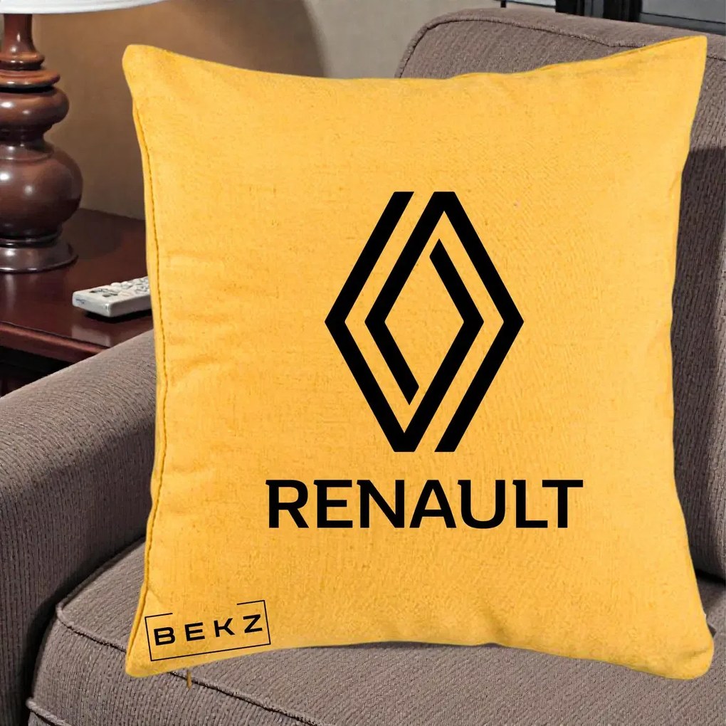 Perna Personalizata cu emblema Renault, 40x40 cm, Galben, Husa Detasabila, Perna Inclusa, BEKZ®