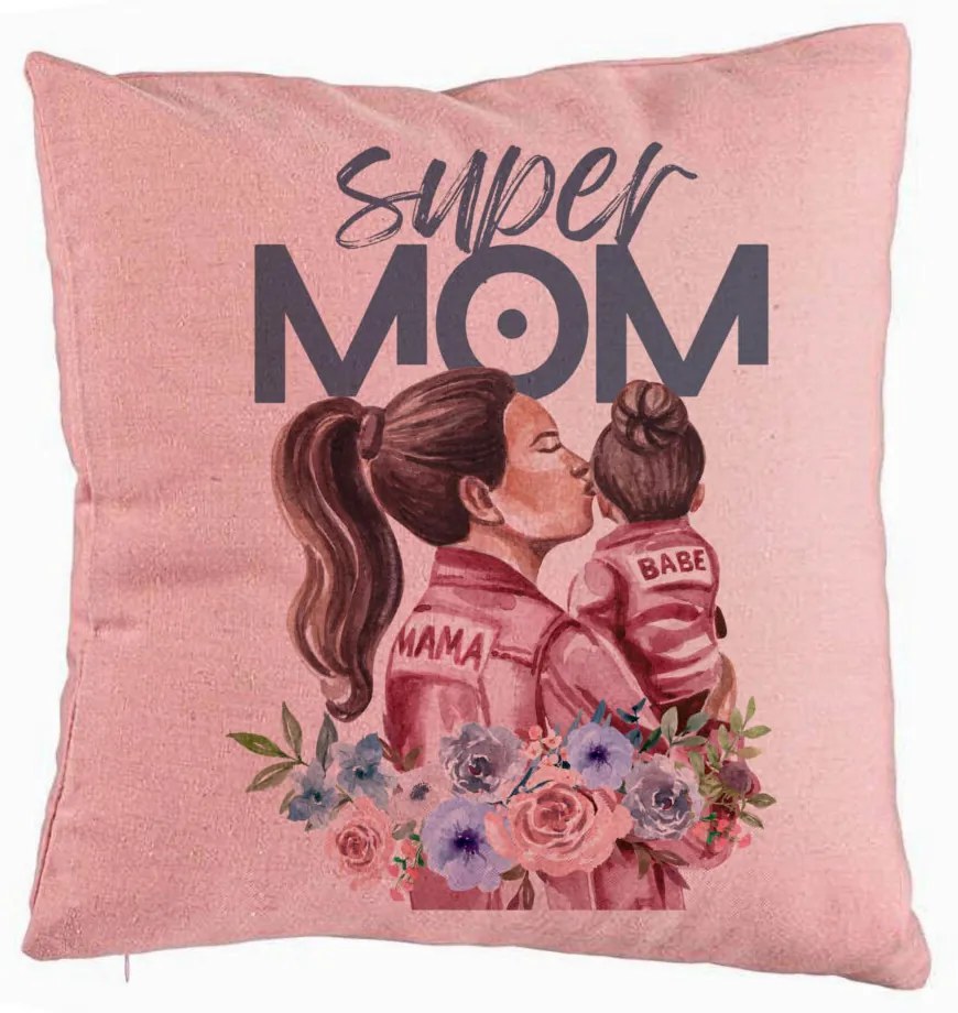 Perna Decorativa, Model Super MOM Babe, 40x40 cm, Roz, Husa Detasabila, Burduf