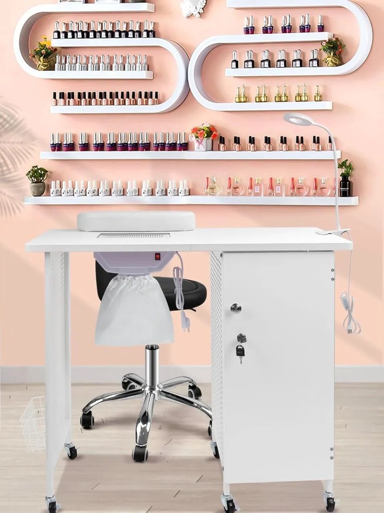 MANIA1 - Masuta manichiura, 90 cm, cu aspirator incorporat, perna maini si lampa LED, masa cosmetica - Alb/ Negru / Negru-Auriu