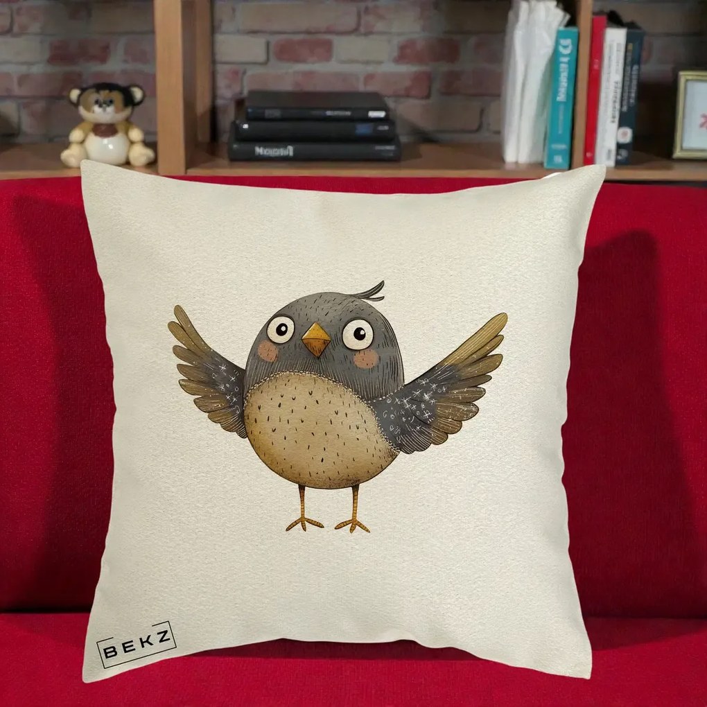 Perna Decorativa Pasare cu Aripi Intinse, 40x40 cm, Ecru, Husa Detasabila, Perna Inclusa, BEKZ®