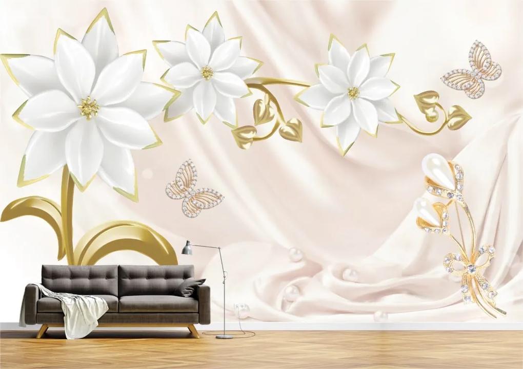 Tapet Premium Canvas - Flori albe si perle