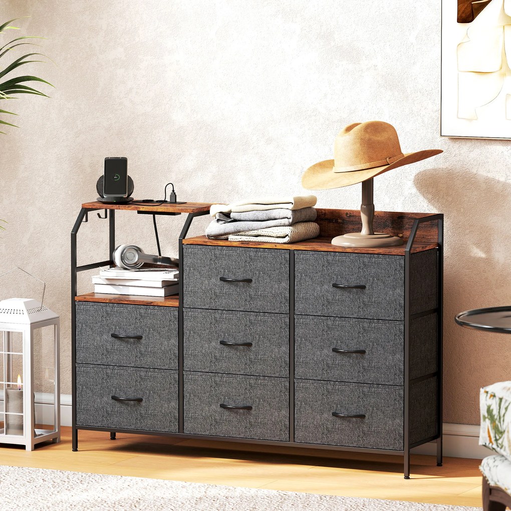 HOMCOM Comodă cu 8 sertare din material textil, cadru din oțel, stație de încărcare, Rustic-Maro+Negru | Aosom Romania